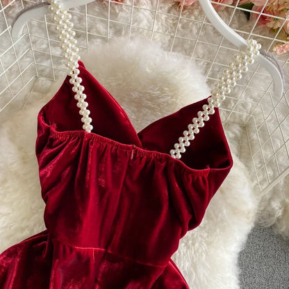 Summer Strap Dress Women Red Velvet A-line Mini Evening Dress Vintage Off Shoulder Luxury Y2K One Piece Frocks Clothes 2025 New