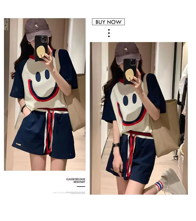 Summer 2023 plus Size Women's Fashionable Soft Style Meat Covering Two-Piece Set Street Style Cute Casual Sportswear Ensemble