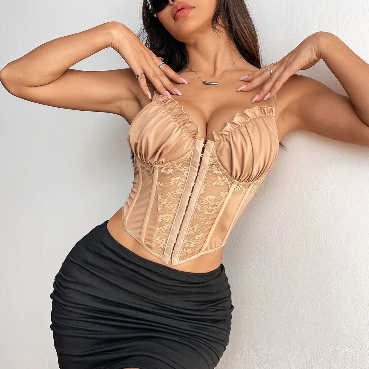 Sexy Lace Mesh Sheer Patchwork Corset Top Spaghetti Strap Pleated Chic Tank Tops for Women See Through Back Fishbone Camisole