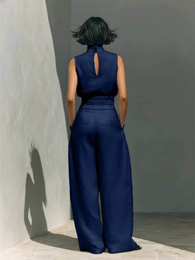 Women Summer Fashion Casual Loose Solid Suit Cotton Linen Set Sleeveless Tops Wide Leg Pants Office Ladies 2 Piece Sets 2026