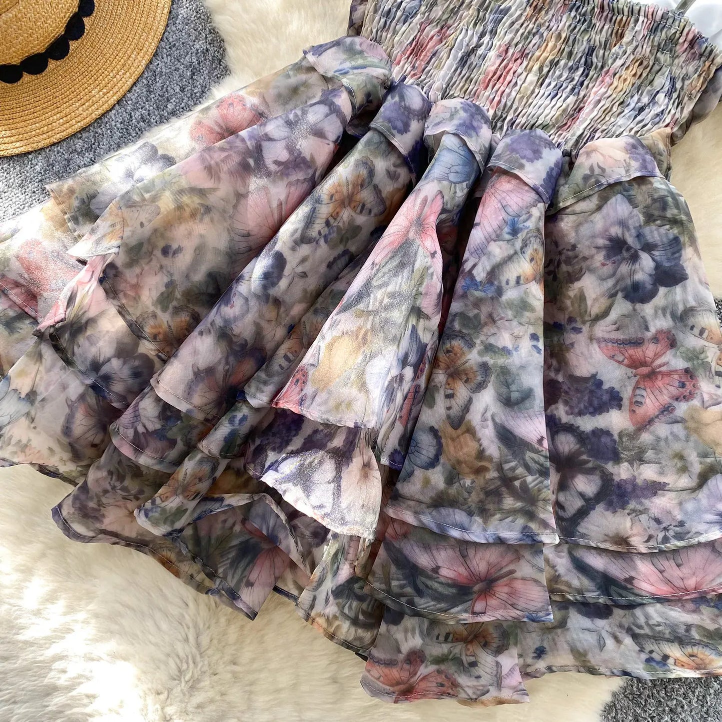 SINGREINY Holiday Print Flowy Birthday Dress Women Strap Butterfly Vacation Cake Sundress Organza Luxury Party Short Dress