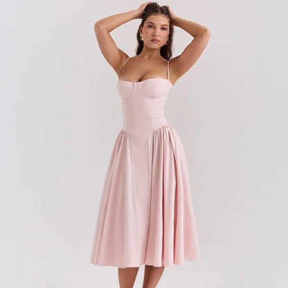 Vintage Floral Midi Dress Women's High Waist A-Line Sundress Green Dresses Summer Female 2025 Wedding Guest New White Evening