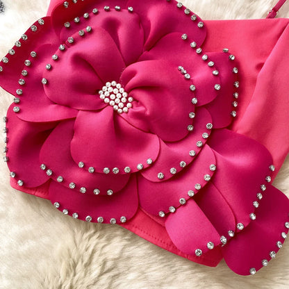 New French Sweet Strap Camisole Strapless 3D Floral Beading Diamonds Design Tops Elastic Ruched Slim Streetwear Tank Top