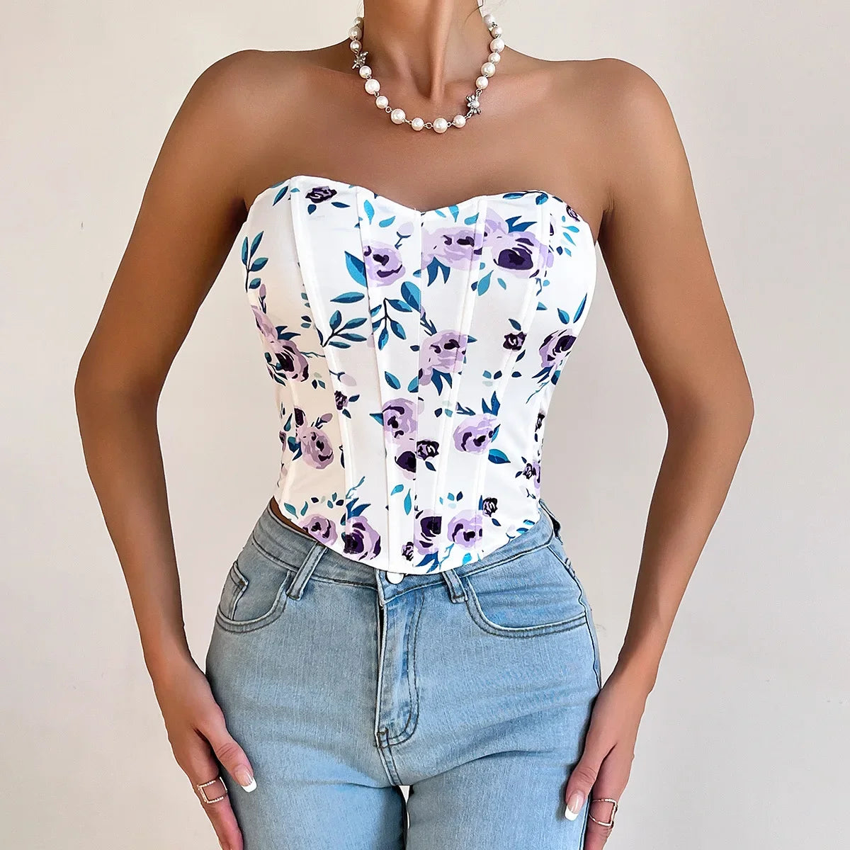 Women Floral Top Sexy Spicy Girl Tank Top Low cut Open Back Flower Wrapped Chest Diamond Fish Bone Strap Waist Vest Tank Top Y2K