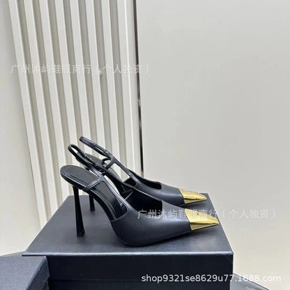 High Quality Yangshenglin Metal Head Thin Heel High Heels 2025 Hot Black Patent Leather Covering Square Head Elegant Lady Style
