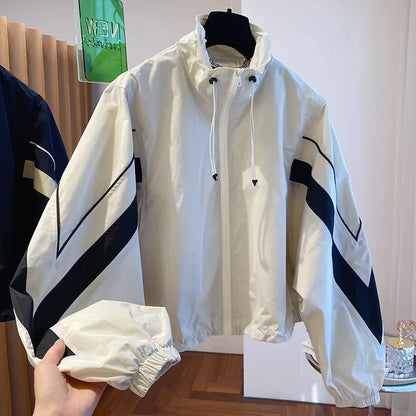 American retro drawstring black and white contrast stitching coat women's autumn new loose leisure sports baseball uniform