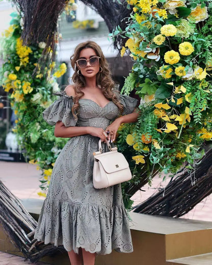 Dress Women Off Shoulder Mid Length Dresses Solid Dot Sexy Splice Tight High Waist V Neck A Line Elegant Slim Fit Vestidos