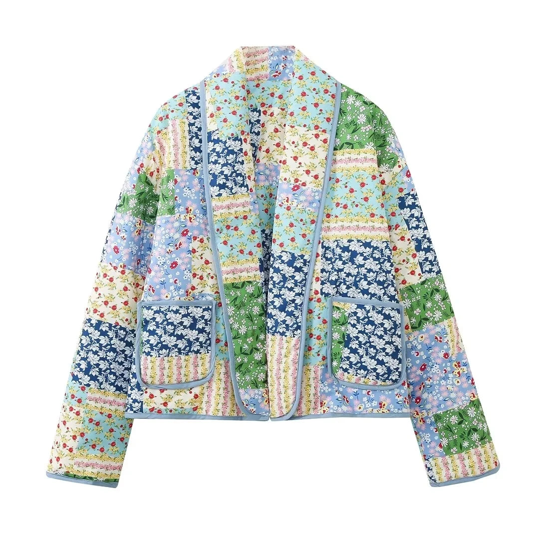 HH Floral Print Jacket For Women Autumn Quilted Reversible Cotton Coat Cardigan Long Sleeve Jackets Elegant Woman Streetwear