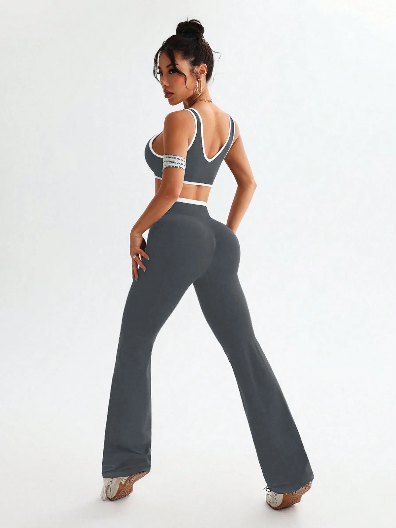 Womens One Piece Yoga Set Tummy Control Fitness Outfit Color Blocking Wide Strap with V Waist Flared Pants 2 Piece