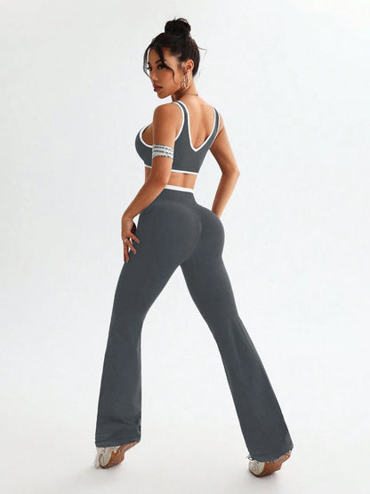 Womens One Piece Yoga Set Tummy Control Fitness Outfit Color Blocking Wide Strap with V Waist Flared Pants 2 Piece