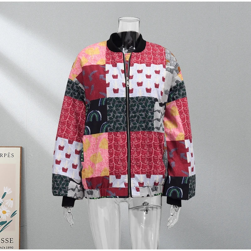 HH Floral Print Jacket For Women Autumn Quilted Reversible Cotton Coat Cardigan Long Sleeve Jackets Elegant Woman Streetwear