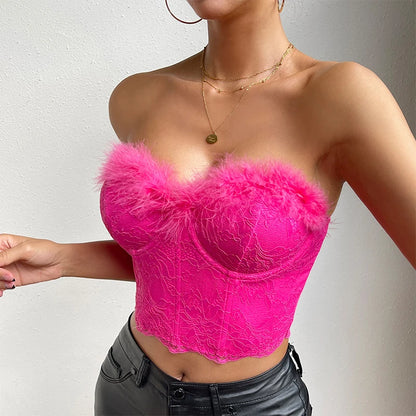 Sexy Lace Backless Tube Tops Women Luxury Feather Slim Skinny Corset Crop Tops Summer Elegant Female Strapless Bustier Tank Top