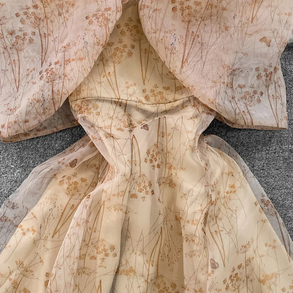 Women Elegant Bow Sexy Chiffon Print A-line Dress Summer One Shoulder High Waist Slim Vintage Seaside Party Vacation Robe