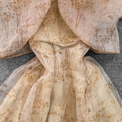Women Elegant Bow Sexy Chiffon Print A-line Dress Summer One Shoulder High Waist Slim Vintage Seaside Party Vacation Robe