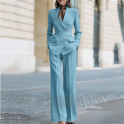 Customized Straight Women's Suits Two Pieces Classic Double Breasted Solid Color High Street Business Casual Office Suit Set