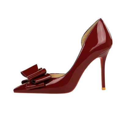 Nude Patent Leather Pointed Toe Stiletto Heel Pumps With Bow Cut Out High Heels For Wedding Party Prom Evening Formal Dress
