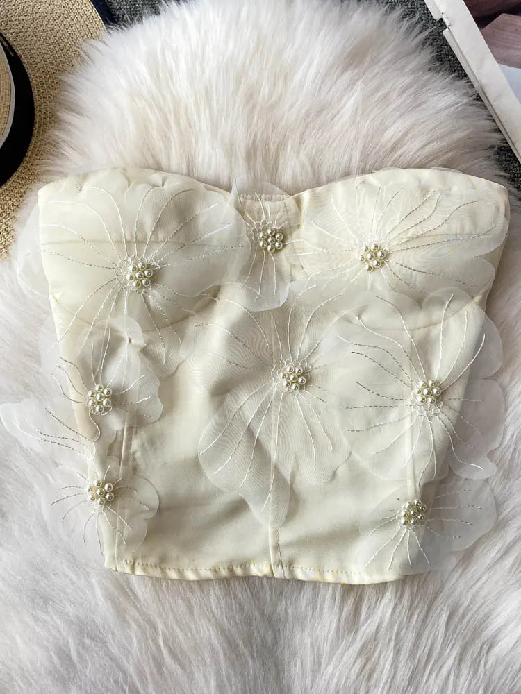 Embellished Short Crop Top Women's Vest with Chest Pad 3D Flower Decoration Slimming Effect Summer Fashion