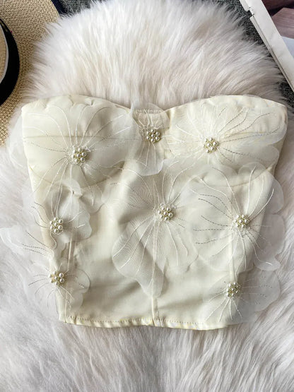 Embellished Short Crop Top Women's Vest with Chest Pad 3D Flower Decoration Slimming Effect Summer Fashion