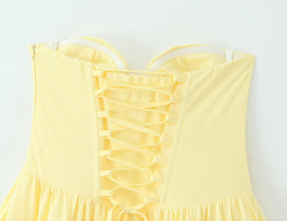 3 colors Sexy Wire Chest Boning Slim Waist Long Strapless Dress Women Cross Lacing up Back Ruched Hem Swing Party Vestido Yellow