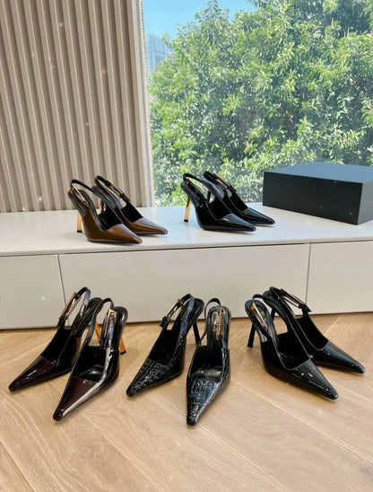 Black Pointed Toe High Heels Thin Heel Metal Cap Sandals Women's Shoes Elegant Painted Leather Sexy Fine Heel New 2025