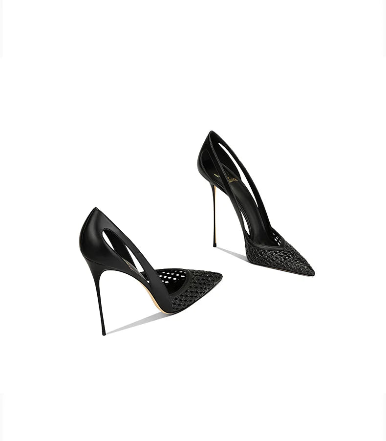 Summer New Women's Black Leather Woven Fashionable and Sexy Pointed Thin Heel High-heeled Shoes