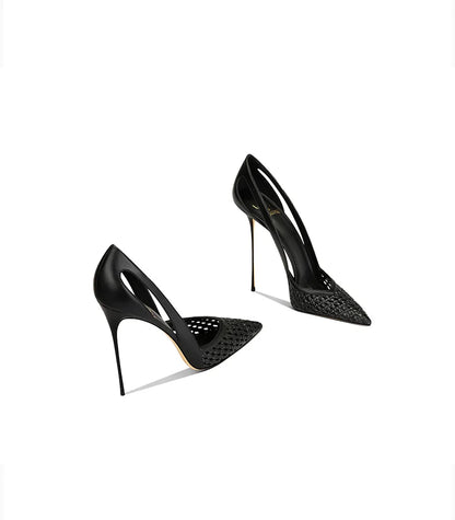 Summer New Women's Black Leather Woven Fashionable and Sexy Pointed Thin Heel High-heeled Shoes