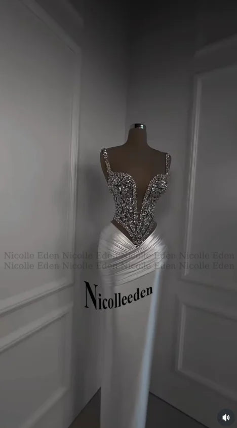 Nicolle Charming Spaghetti Straps Evening Dresses for Women Rhinestones Pageant Celebrity Dresses Vestidos De Gala Customized