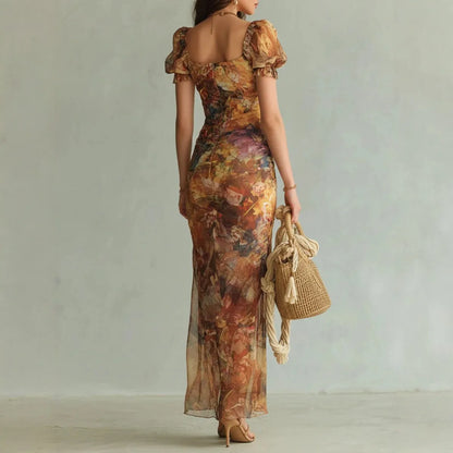 2026 Spring New Women V Neck Print Waist Cinched Ruffle Trim Loose Temperament Versatile Long Dress Fashion Vacation Style Dress