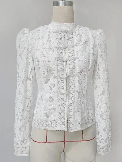 Tossy Summer Lace Printed Shirts Tops Female Hollow Out Fashion Commute Vintage See-Through Blouse Women's Lace Shrug Shirts New