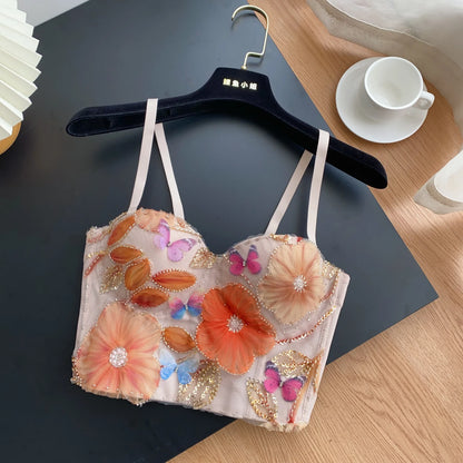 SINGREINY Embroidery Flower Camis Women Strapless Sleeveless Luxury Camisole Slim Hot Summer Sequined Butterfly Sexy Mini Tops