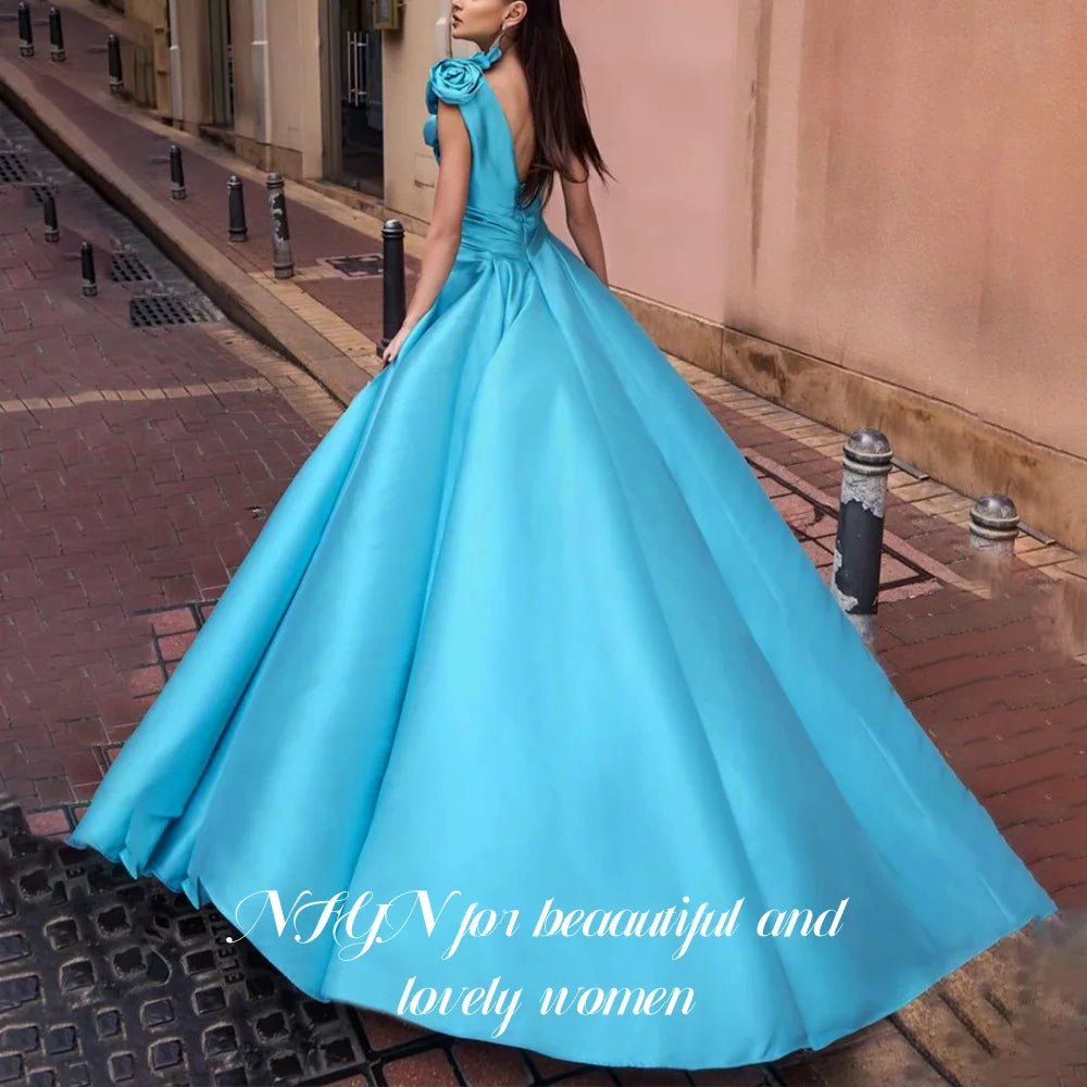 NFYN Blue Elegant Prom Dress 3D-Flowers One Shoulder Sweetheart Prom Gown Side High Split Chic Woman Evening Dresses Customized