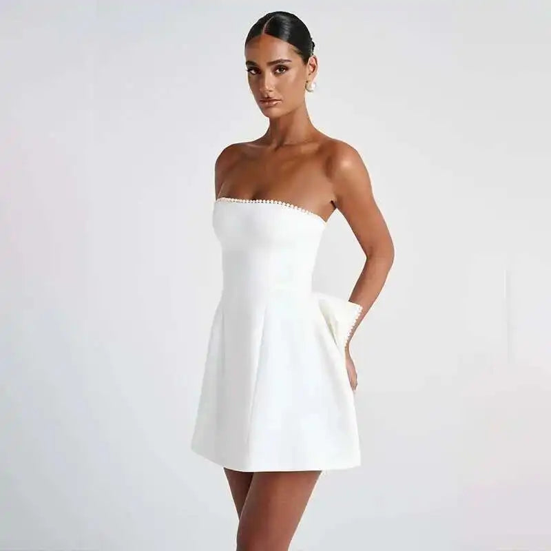 Avrilyaan Bow Pearl Short Backless Sleeveless Sexy Dress Women Elegant Party Dress Strapless Bodycon Mini Summer Dress Vestidos