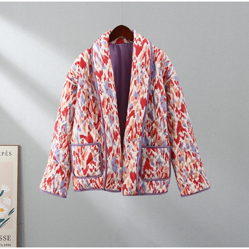HH Floral Print Jacket For Women Autumn Quilted Reversible Cotton Coat Cardigan Long Sleeve Jackets Elegant Woman Streetwear