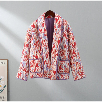 HH Floral Print Jacket For Women Autumn Quilted Reversible Cotton Coat Cardigan Long Sleeve Jackets Elegant Woman Streetwear