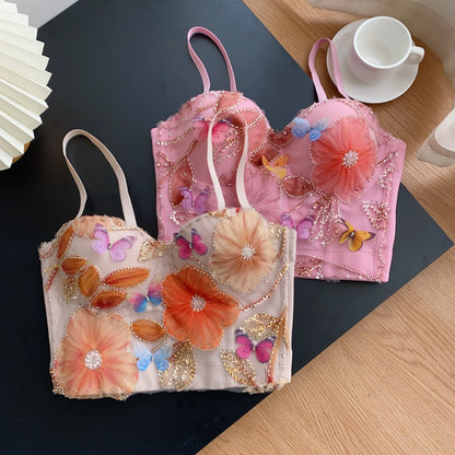 SINGREINY Embroidery Flower Camis Women Strapless Sleeveless Luxury Camisole Slim Hot Summer Sequined Butterfly Sexy Mini Tops