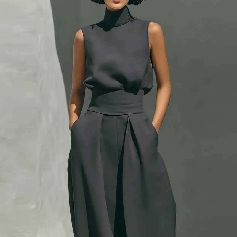 Sleeveless top+wide leg pants summer casual two-piece set elegant and loose office set high street pocket women's set