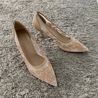 String Bead Mesh Embroider High Heels Women Sexy Pointed Toe Heeled Sandals Summer Elegant Luxury Designer Wedding Pumps Shoes