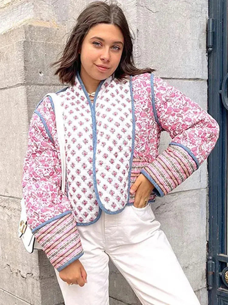 HH Floral Print Jacket For Women Autumn Quilted Reversible Cotton Coat Cardigan Long Sleeve Jackets Elegant Woman Streetwear