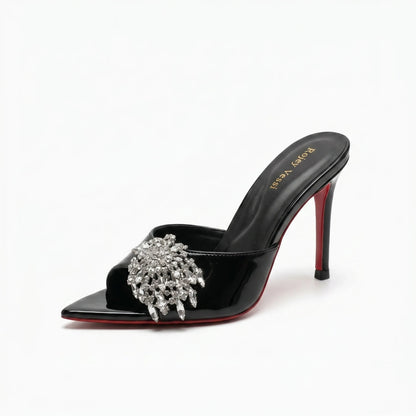 Summer new open toed rhinestone purple straight strap thin heel slippers with feminine feel,wearing crystal shoes and high heels