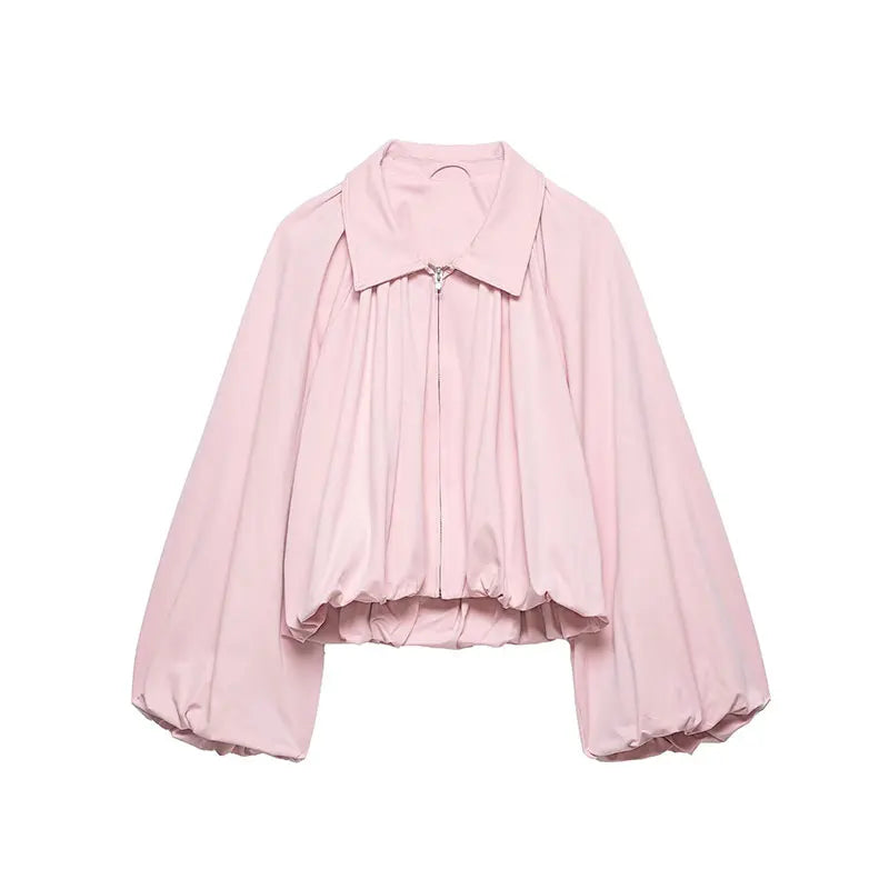 NLZGMSJ Women Bomber Jacket 2026 Spring Ball Sleeve Folds Zipper Loose Coat Female Casual Oversize Top Y2K