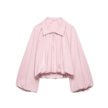 NLZGMSJ Women Bomber Jacket 2026 Spring Ball Sleeve Folds Zipper Loose Coat Female Casual Oversize Top Y2K