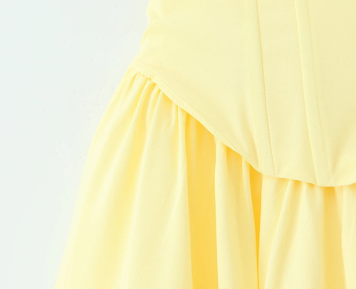 3 colors Sexy Wire Chest Boning Slim Waist Long Strapless Dress Women Cross Lacing up Back Ruched Hem Swing Party Vestido Yellow