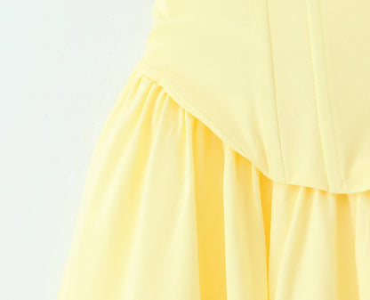 3 colors Sexy Wire Chest Boning Slim Waist Long Strapless Dress Women Cross Lacing up Back Ruched Hem Swing Party Vestido Yellow