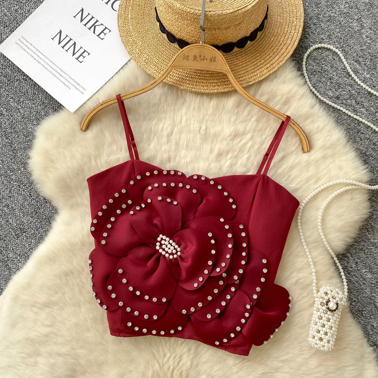 New French Sweet Strap Camisole Strapless 3D Floral Beading Diamonds Design Tops Elastic Ruched Slim Streetwear Tank Top