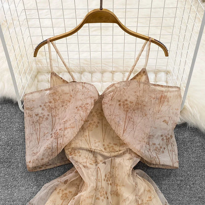 Women Elegant Bow Sexy Chiffon Print A-line Dress Summer One Shoulder High Waist Slim Vintage Seaside Party Vacation Robe