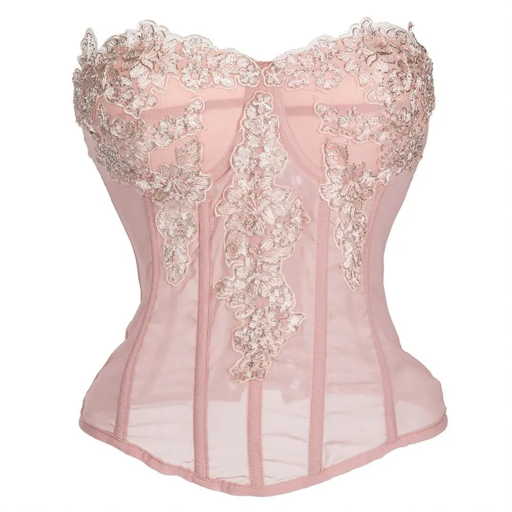 Pink Transparent Mesh With Floral Appliques Overbust Gothic Corset Top Woman Push Up Bustier Lingerie Sexy Hot Corsetto Donna