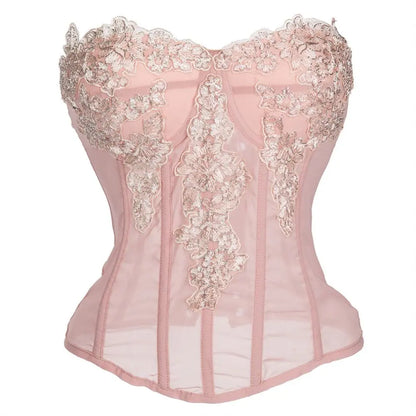 Pink Transparent Mesh With Floral Appliques Overbust Gothic Corset Top Woman Push Up Bustier Lingerie Sexy Hot Corsetto Donna