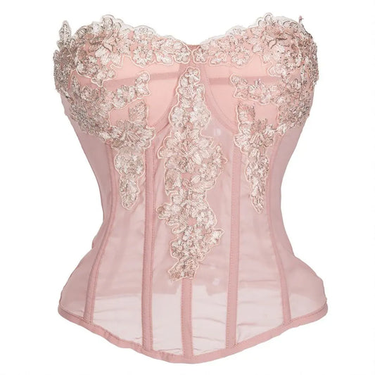 Pink Transparent Mesh With Floral Appliques Overbust Gothic Corset Top Woman Push Up Bustier Lingerie Sexy Hot Corsetto Donna