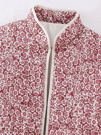 HH Floral Print Jacket For Women Autumn Quilted Reversible Cotton Coat Cardigan Long Sleeve Jackets Elegant Woman Streetwear