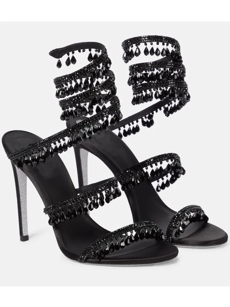 2024Women's New Water Diamond Sandals Fashion Tassel Crystal Shoes Sexy Banquet Party Twin Stiletto Women's Large Sandals